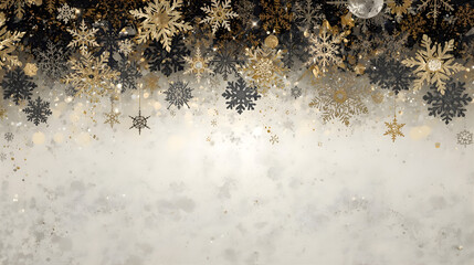 An elegant arrangement of gold and black snowflakes with glitter, creating a festive, celebratory, and wintery atmosphere on a gradient background.