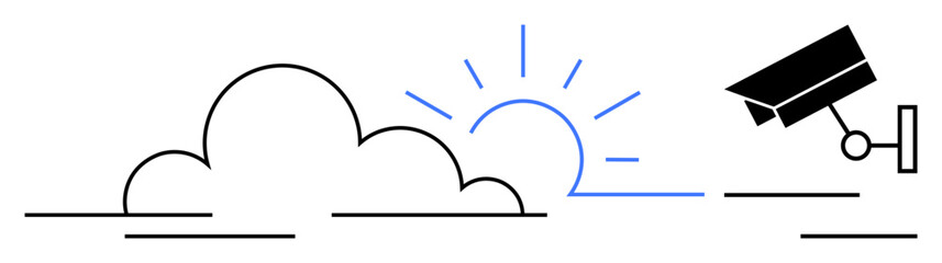 Surveillance camera facing sunrise with clouds in minimal style lines. Ideal for security, monitoring, technology, vigilance, privacy, control, safety awareness concepts. A simple flat metaphor