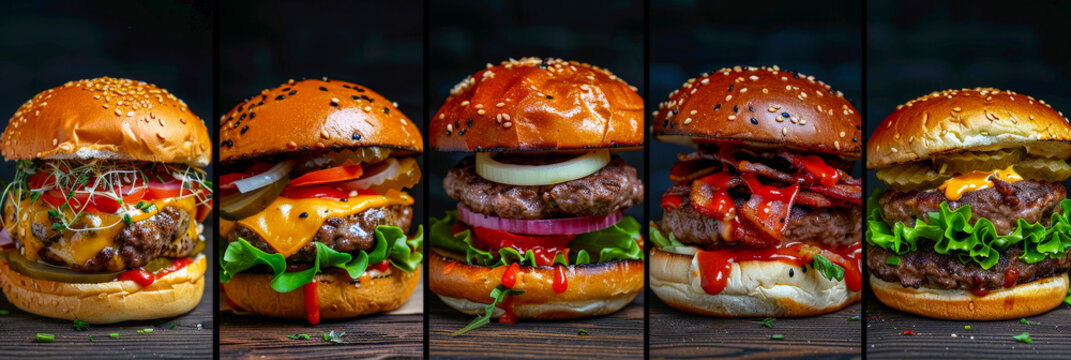 Delicious burgers displayed in a row, showcasing a variety of toppings and ingredients at a food event - Powered by Adobe