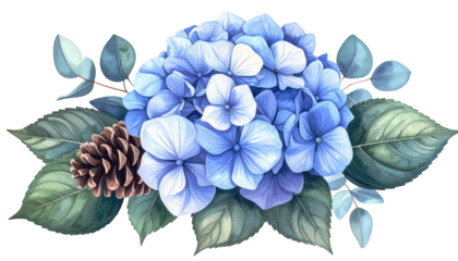 Watercolor floral arrangement with large blue hydrangea, leaves, and pinecone