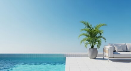 Fototapeta premium Poolside relaxation with palm and couch under a clear blue sky on a sunny day for a peaceful escape