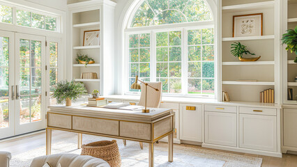 Bright and inviting home office with large windows and minimalist decor in a modern setting