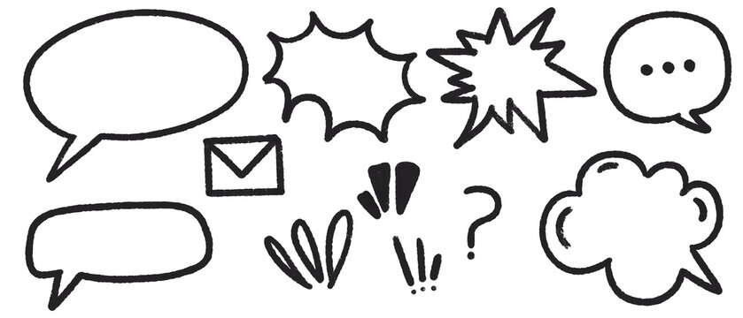 A collection of hand-drawn cartoon speech bubbles, thought clouds, bursts, punctuation marks, and a mail icon. These playful doodle elements are ideal for comics, creative designs, notes, and fun illu