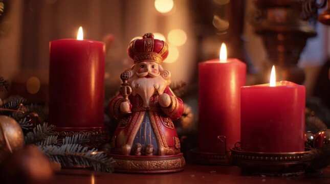 Sinterklaas (Saint Nicholas) figurine 3D animation with red candles. Dutch Christmas holiday background.