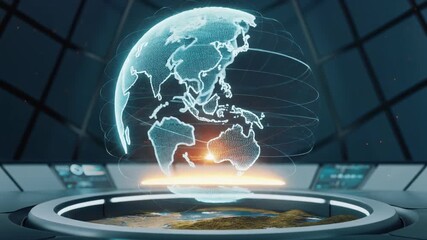 A futuristic holographic globe displaying Earth with glowing continents and orbital lines in a modern control room. - Powered by Adobe