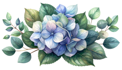 Watercolor floral arrangement with blue hydrangeas, green leaves, and brown stems
