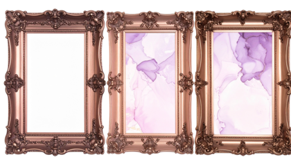 Three ornate gold frames, one empty, two with purple abstract art
