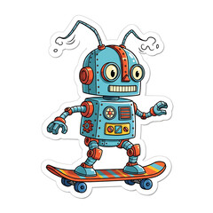 A cartoon illustration of a robot with a blue body and orange accents skateboarding.