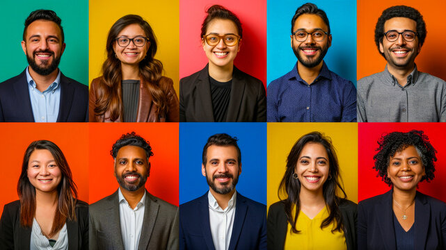 Diverse group of professionals with bright backgrounds showcasing smiles and confidence in a studio setting