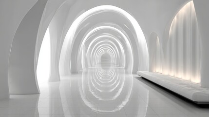 Obraz premium Step into the future with this stunning all-white tunnel interior, perfect for modern design concepts and architectural innovation projects