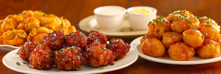 Delicious assortment of fried appetizers served in a warm restaurant setting