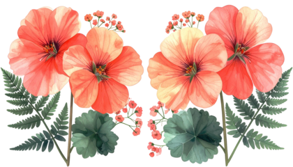 Vivid watercolor painting of symmetrical coral flowers, fern leaves, and small blooms