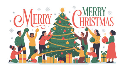Christmas Spirit: A heartwarming illustration of a community coming together to decorate a Christmas tree, radiating the joy and spirit of the holiday season. 