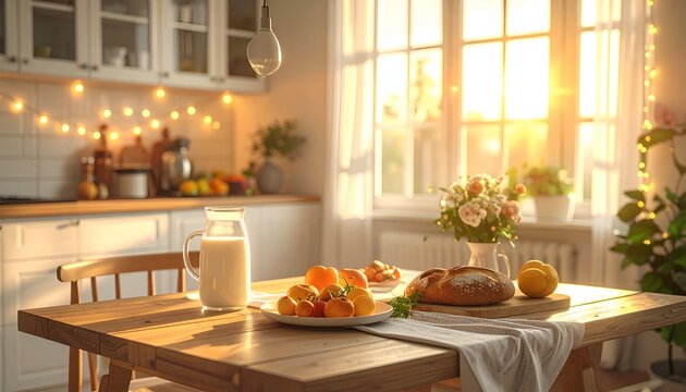 Bright and inviting kitchen scene at sunrise featuring fresh fruits, bread, and milk on a wooden table