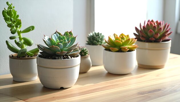 A serene arrangement of various succulent plants in decorative pots on a wooden table by a sunlit window - Powered by Adobe