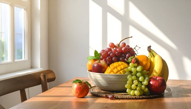 A vibrant assortment of fresh fruits in a decorative bowl on a wooden table, with sunlight streaming through a window