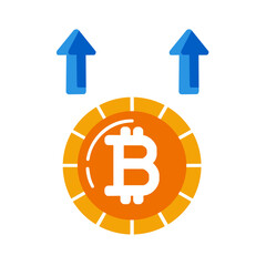Flat vector illustration showing a golden Bitcoin coin with two blue arrows pointing up, symbolizing price increase, market growth, and a bullish trend in cryptocurrency investments.