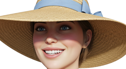 Close up portrait of a smiling young woman with blue eyes wearing a wide brim straw hat with a blue ribbon during a sunny day with a transparent background
