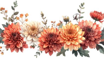 Watercolor floral garland with chrysanthemums, leaves, and buds on a black background