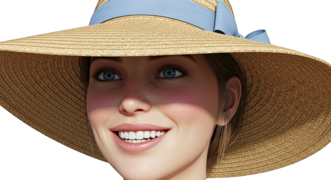 Close up portrait of a smiling young woman with blue eyes wearing a wide brim straw hat with a blue ribbon during a sunny day with a transparent background - Powered by Adobe