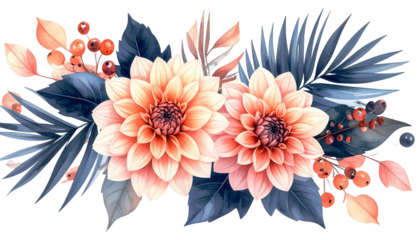 Watercolor illustration of two peach-colored dahlias surrounded by blue foliage
