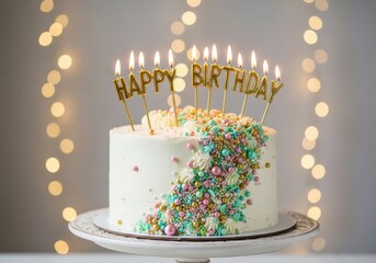 A beautifully decorated white birthday cake with happy birthday candles and colorful sprinkles, set against a bokeh background