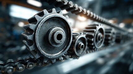Dynamic gears and chain drive machinery in motion showcasing industrial manufacturing processes and mechanical engineering solutions