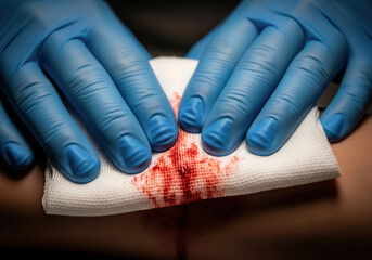 First responder applying direct pressure with a sterile gauze pad to a bleeding wound to stop the bleeding