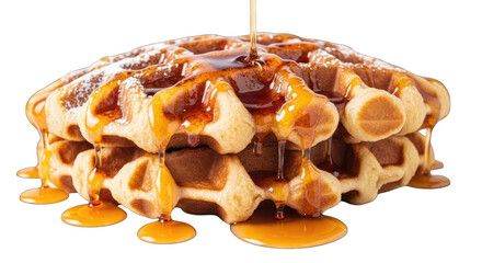 Golden Brown Waffles Stack Drizzled with Amber Maple Syrup and Dusted with White Powdered Sugar on a Transparent Background Studio Shot