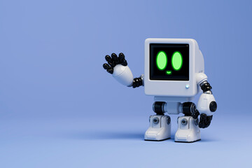 3D retro robot character waving on purple background