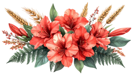 Watercolor depiction of red lilies, wheat, ferns on black background