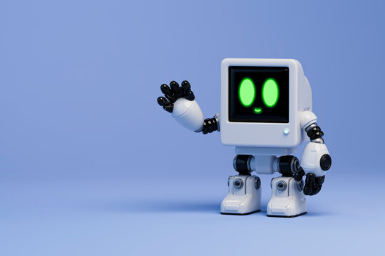 3D retro robot character waving on purple background