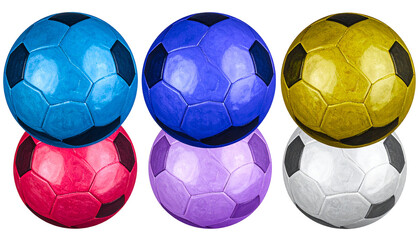 Six vibrant soccer balls in various colors, arranged in two rows