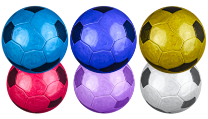 Six vibrant soccer balls in various colors, arranged in two rows
