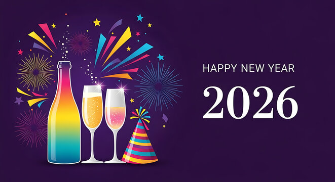 Happy new year 2026 with champagne bottle and fireworks illustration