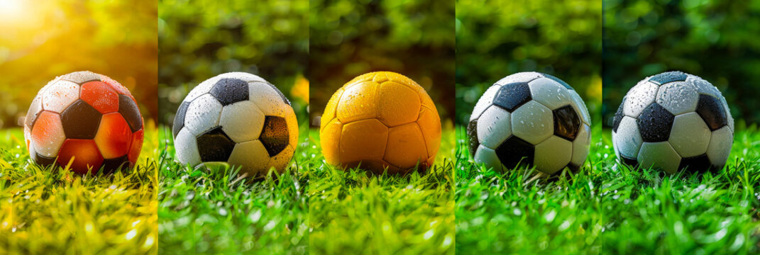 Five soccer balls of different colors on green grass illuminated by sunlight during the day