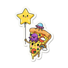 A whimsical kawaii pizza slice character holding a star balloon with an octopus, UFO, and rainbow.
