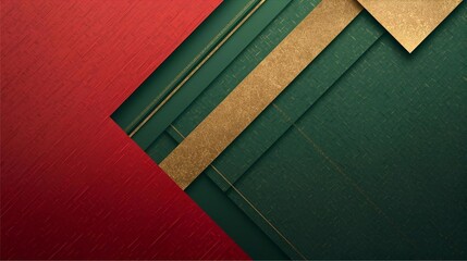 Geometric Red and Green Abstract Background with Gold Strips and Layered Textured Shapes