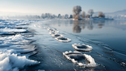 Silent markings on frozen landscape faceless winter resilient journey defocused frosty lake background epidemic threat visualization fresh footprints virus spread concept inf