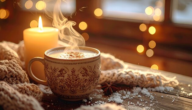 Cozy winter scene featuring a steaming cup of hot beverage beside a candle, with festive lights twinkling in the background