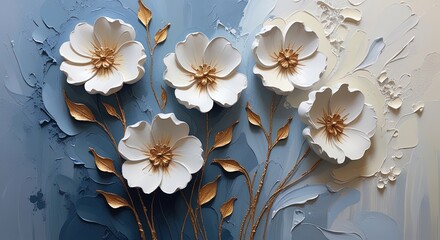 Abstract floral painting; impasto technique. White flowers, golden-brown centers, stems, leaves. Blue-grey textured background, visible brushstrokes, 3D effect. Banner, wallart
