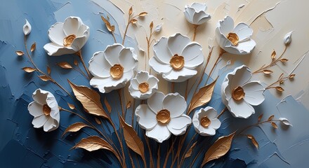 Abstract floral painting; impasto technique. White flowers, golden-brown centers, stems, leaves. Blue-grey textured background, visible brushstrokes, 3D effect. Banner, wallart