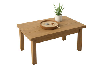 Wooden table with miniature zen garden and plant