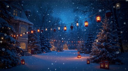 Cozy Winter Night Scene With Snowy House, Lanterns, and Glowing Christmas Lights Under a Starry Sky