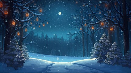 Moonlit Snowy Forest Path With Lanterns In Winter Night Scene, Cozy Winter Atmosphere