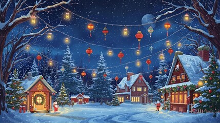 Enchanting Winter Christmas Village Scene With Snowy Trees, Cozy Cottages, and Festive Lights