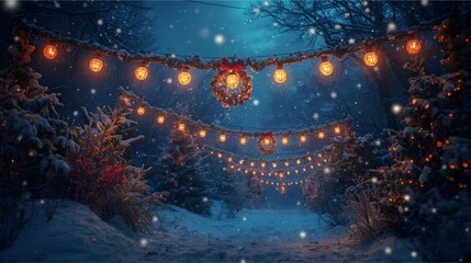 Cozy Winter Night With Festive String Lights And Wreaths Over Snowy Path Atmosphere