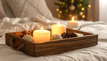 Cozy winter scene featuring a wooden tray with lit candles, pine cones, and a softly lit Christmas tree in the background