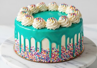 A vibrant teal drip cake adorned with white frosting swirls and colorful sprinkles, presented on a marble cake stand