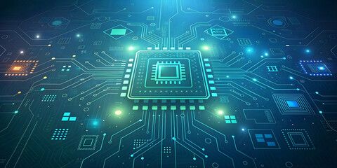 Fototapeta premium Digital microchip on motherboard, advanced circuit system, semiconductor technology, processor network, futuristic computing core